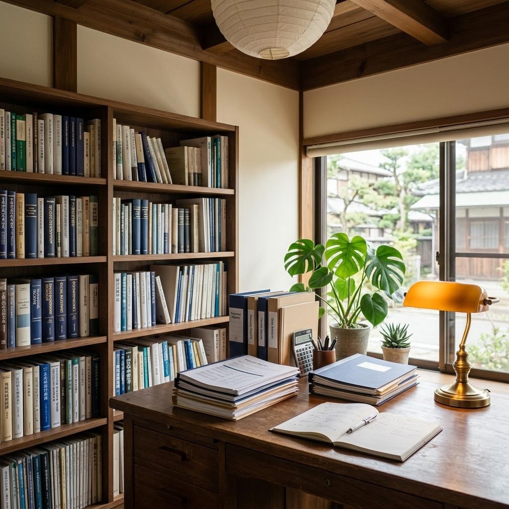 編集室で資料を整理する編集者の様子