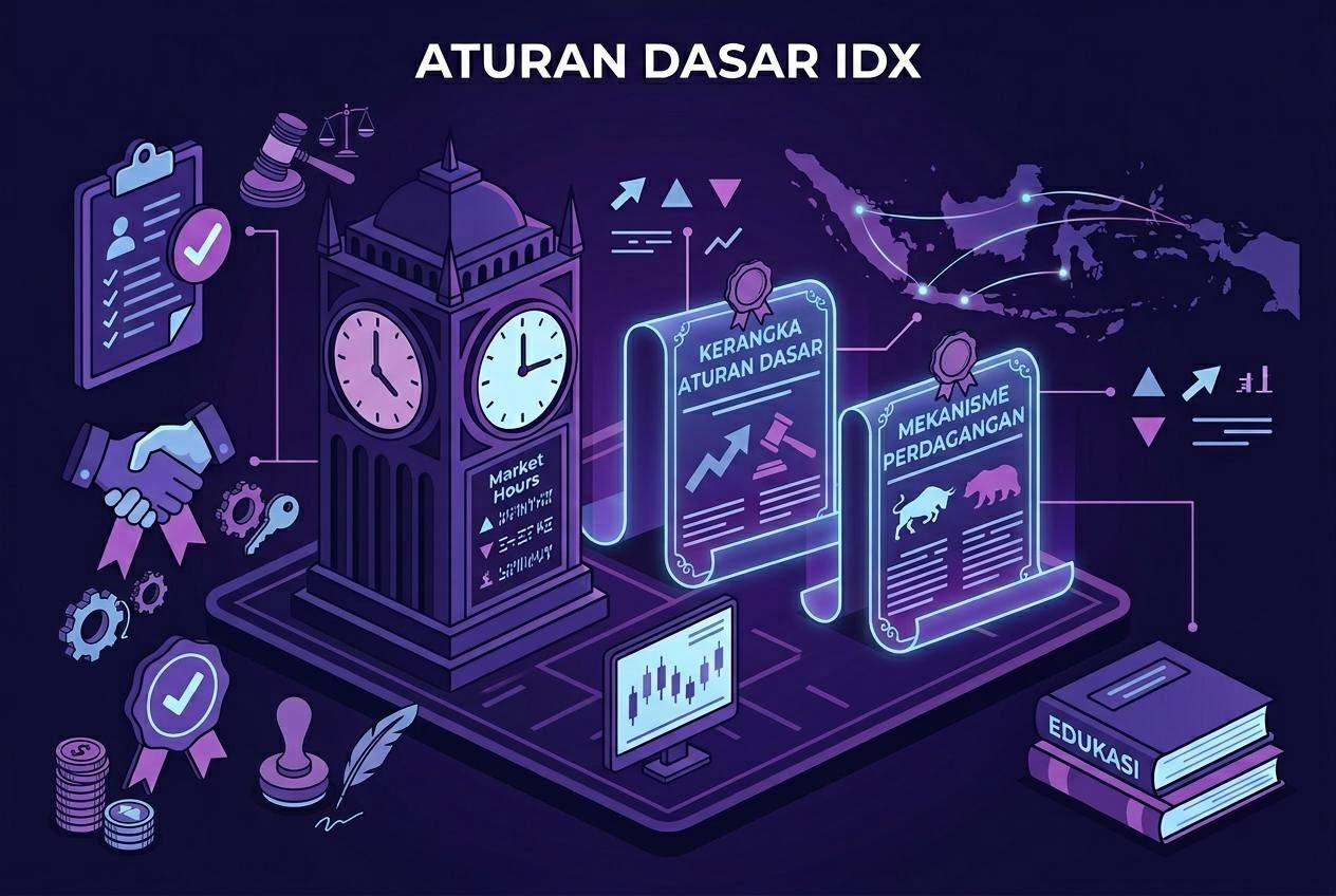 Papan informasi dengan ikon palu dan dokumen melambangkan aturan bursa
