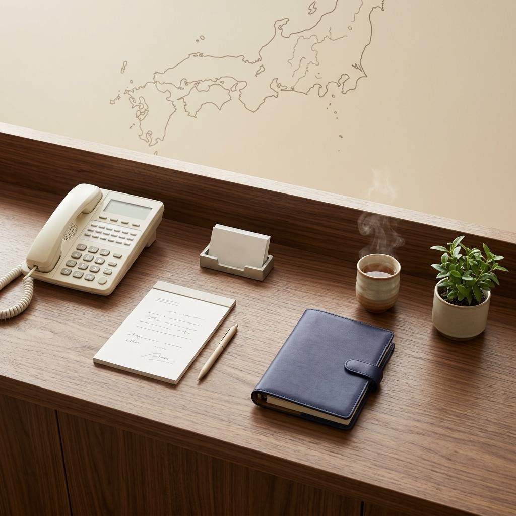 連絡先案内が並ぶ編集デスクのカウンターの様子