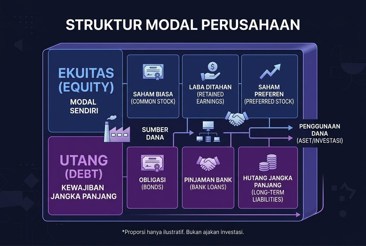 Diagram blok yang menggambarkan susunan modal dan utang sebuah perusahaan